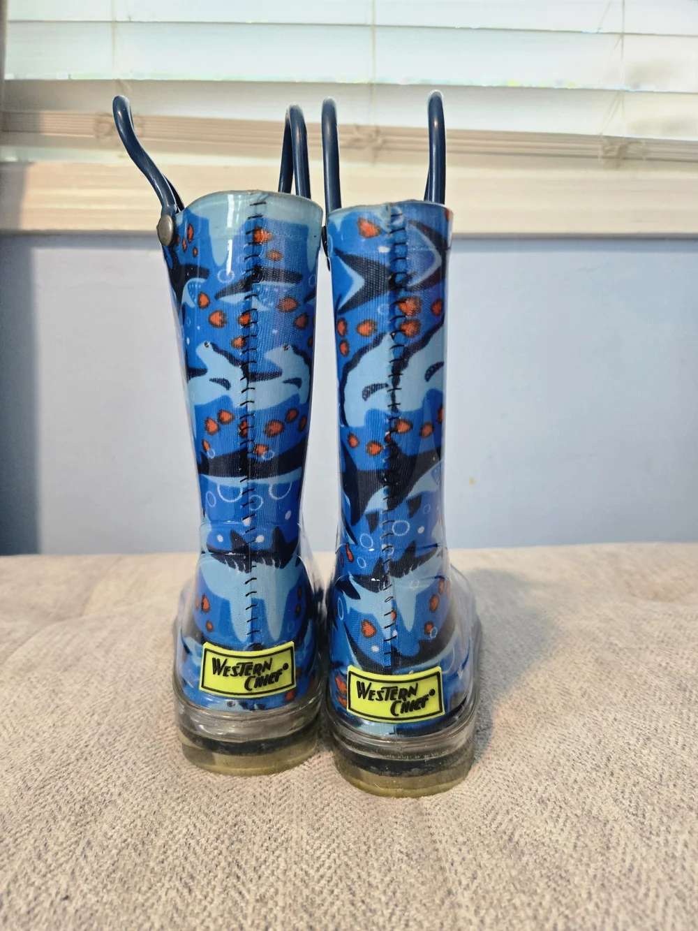 Western Chief Blue Shark Print Light-up Kids Rain Boots with Handles